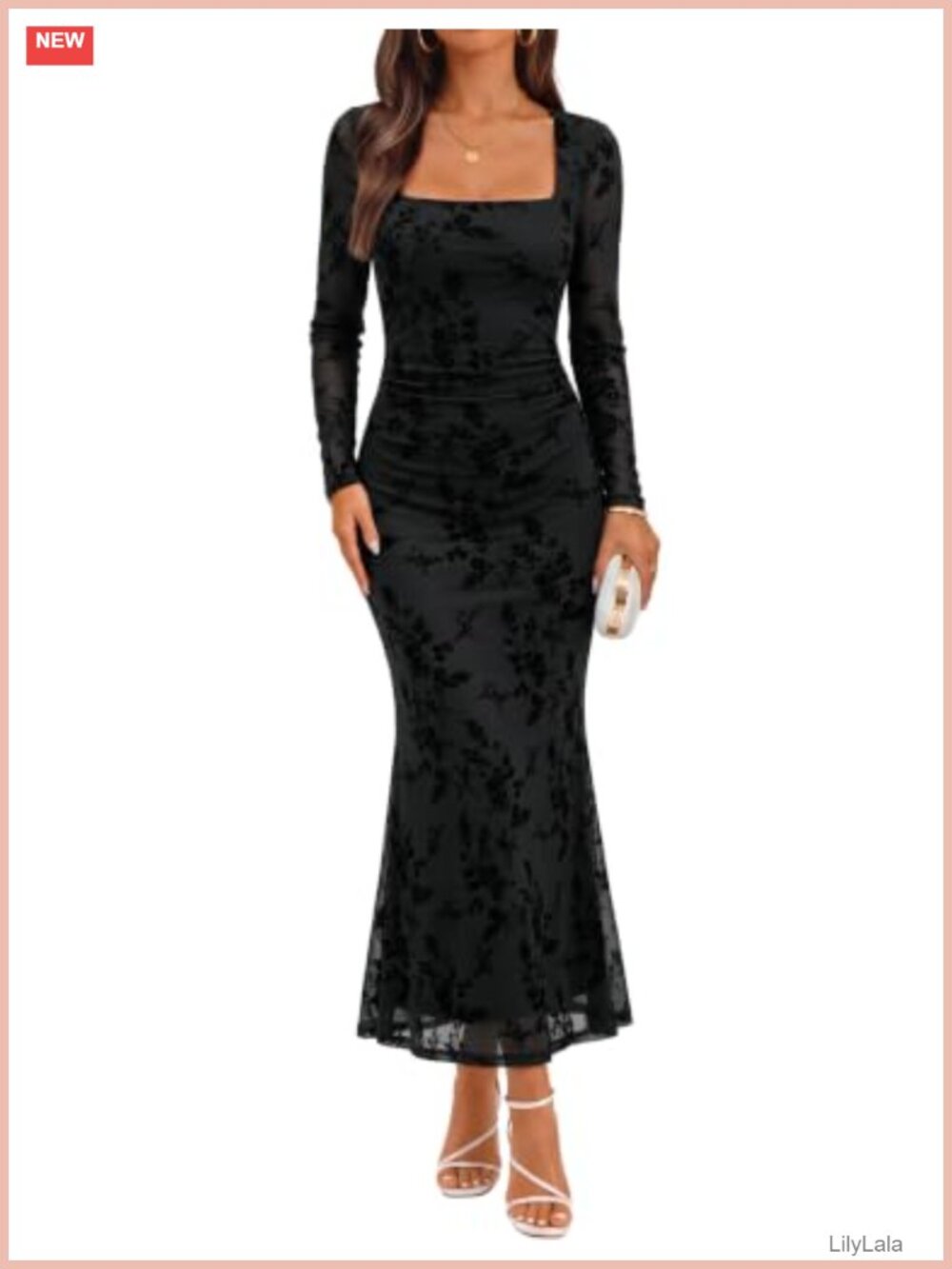 Womens Long Sleeve Bodycon Mesh Maxi Flocked Print Formal Dress